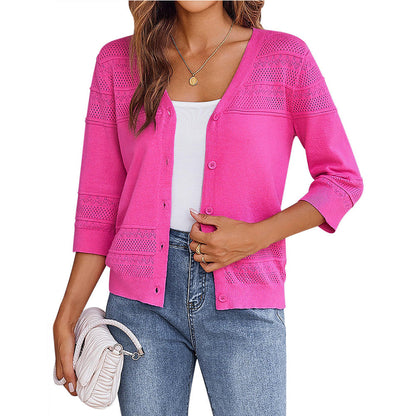 European and American shawl hollow knitted V-neck cardigan