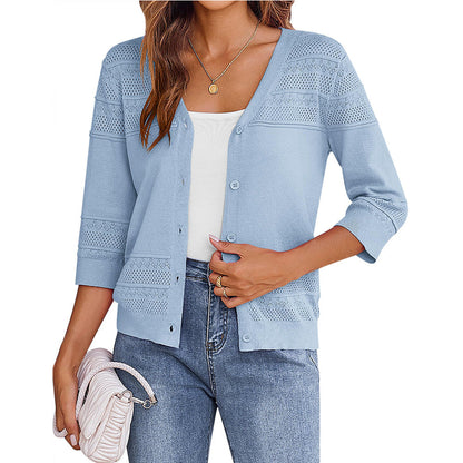 European and American shawl hollow knitted V-neck cardigan