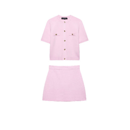 European and American style women's clothing new fashion short sleeved knitted top half skirt set