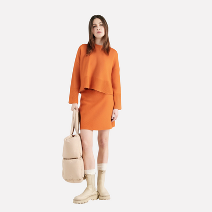 European and American women's long sleeved round neck knitted sweater mini skirt set
