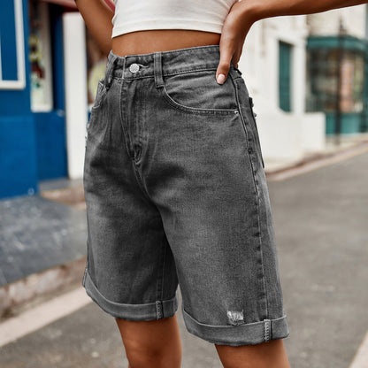 European and American women's perforated rolled edge five quarter denim shorts casual pants