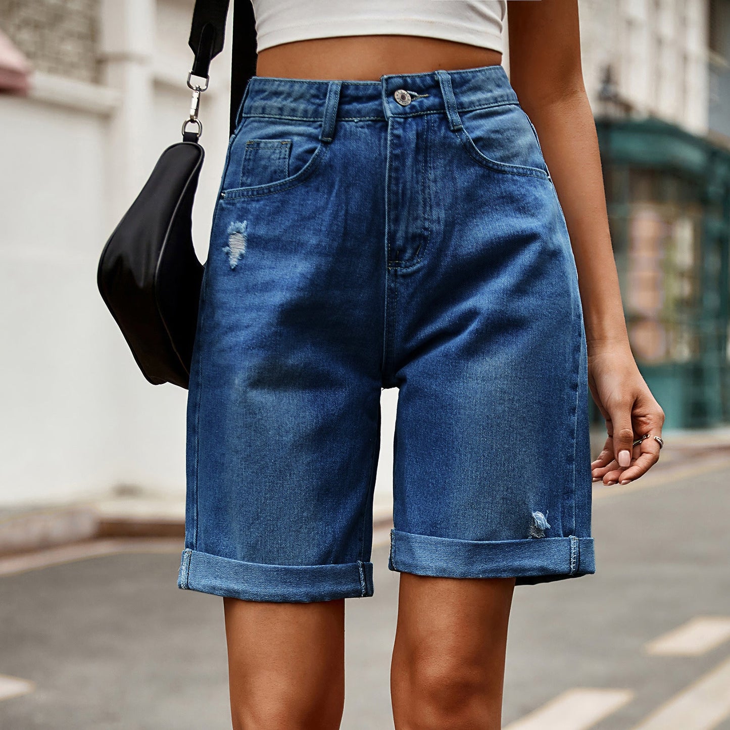 European and American women's perforated rolled edge five quarter denim shorts casual pants