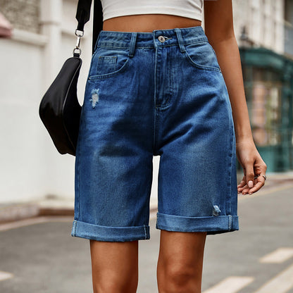 European and American women's perforated rolled edge five quarter denim shorts casual pants