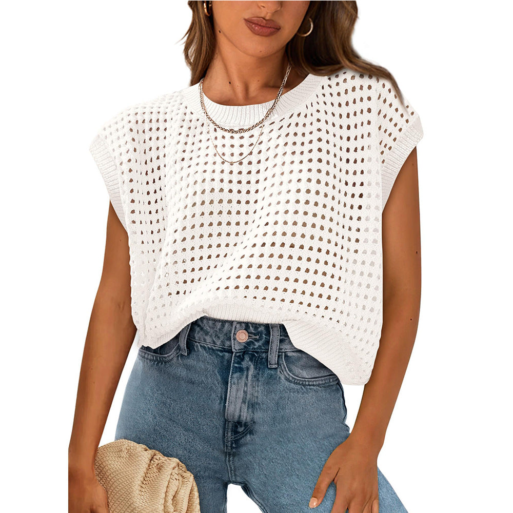 European and American women's round neck hollow top