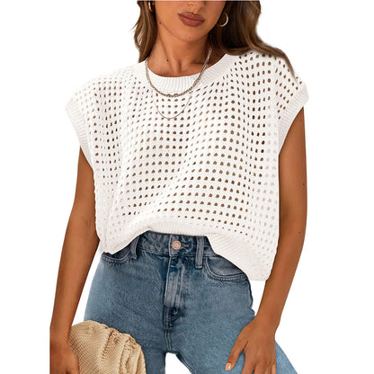 European and American women's round neck hollow top