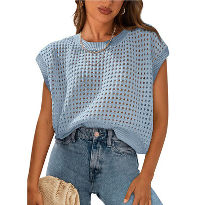 European and American women's round neck hollow top
