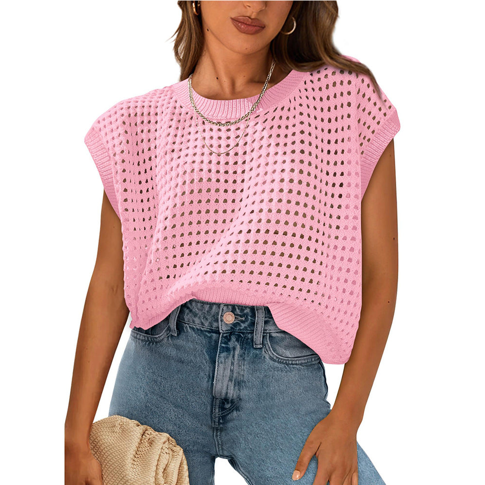European and American women's round neck hollow top