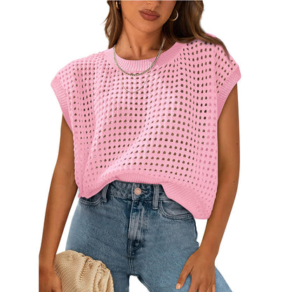 European and American women's round neck hollow top