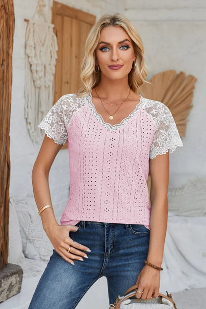 Eyelet V-Neck Lace Short Sleeve T-Shirt