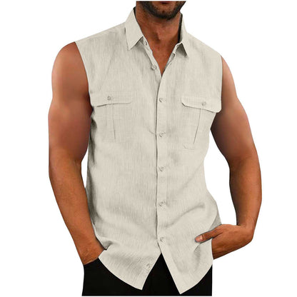 European American Men's Double Pocket Cotton Linen Shirt