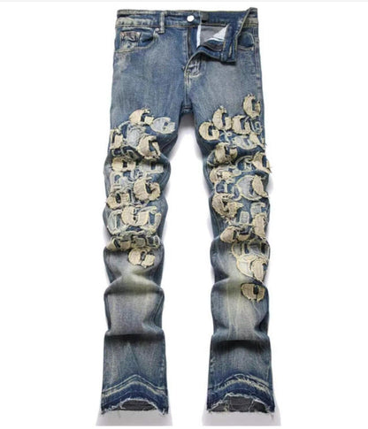 Punk Retro Blue Ripped Slim Fit Men's Jeans