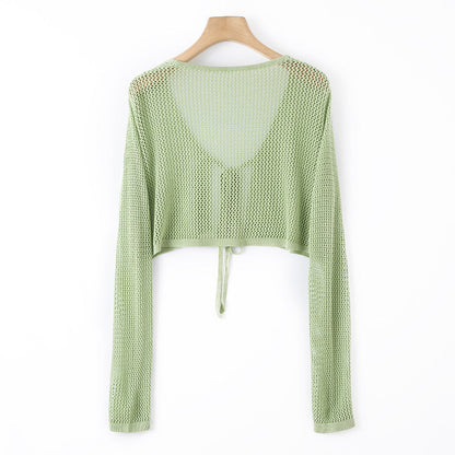 Women's Summer Short Hollow-out Mesh Shirt Ice Silk Shawl Blouse Cardigan