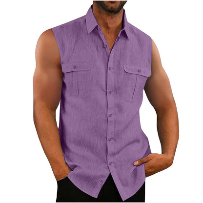 European American Men's Double Pocket Cotton Linen Shirt