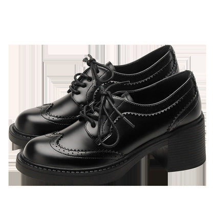 Women's Autumn New Carved Lace-up Round Head British Black Chunky Heel Shoes
