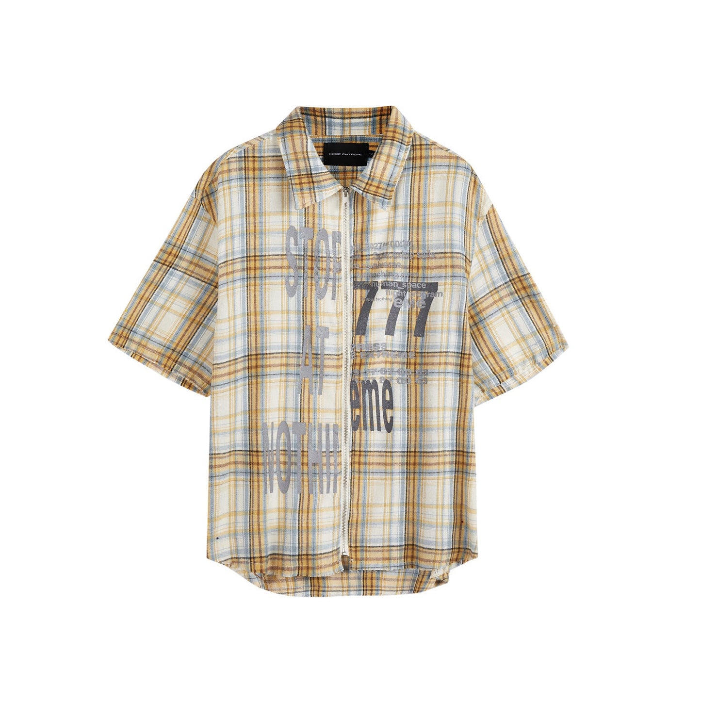 Printed Washed Tassel Short Sleeve Plaid Shirt