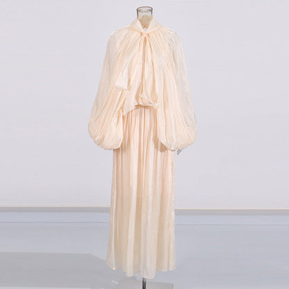 Fashionable niche design bat sleeve lace up pleated dress for women