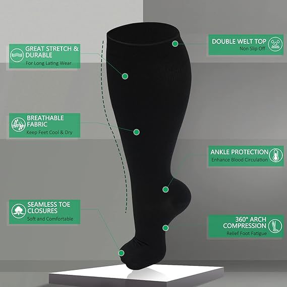 Fat and enlarged black fat compression socks super wide calf and knee length socks men's and women's pressure socks 2XL-7XL