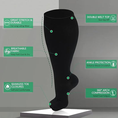 Fat and enlarged black fat compression socks super wide calf and knee length socks men's and women's pressure socks 2XL-7XL