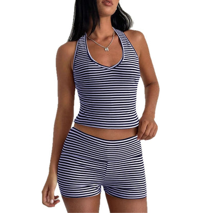 Hanging neck striped suit for women's clothing