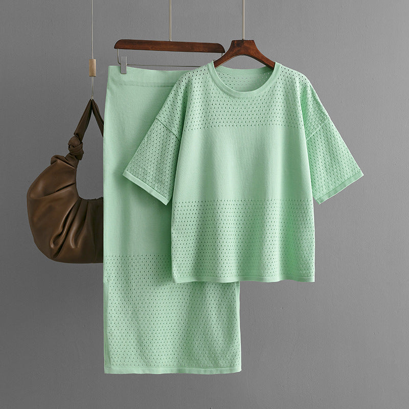 Hollow out short sleeved knitted top half skirt two-piece set women's solid color casual set