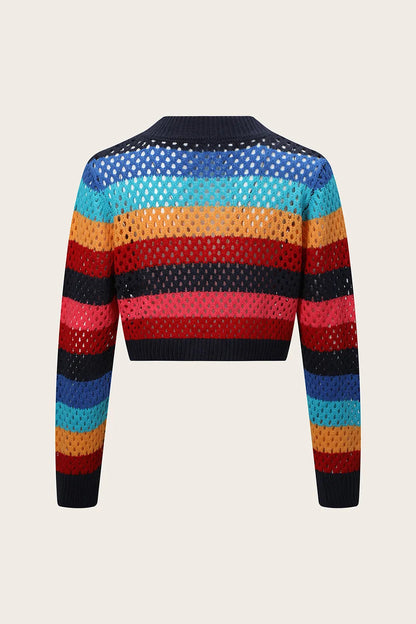 Hollow out short women's top knitted cardigan tie contrasting color stripes