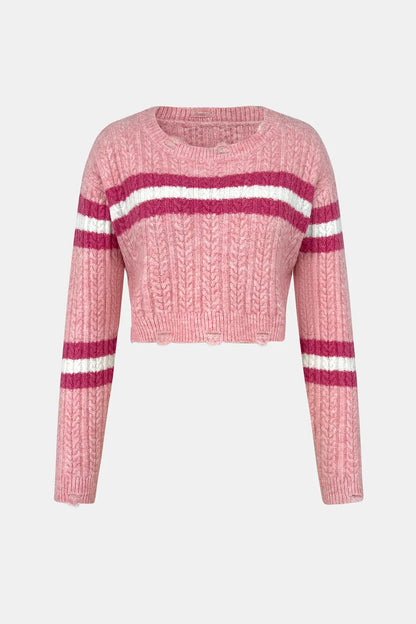 Hooded sweater base knit sweater short top contrasting color striped women