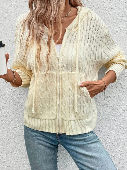 Hooded Twisted Flower Solid Color Sweater Cardigan
