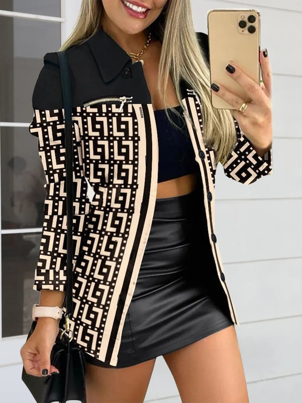 Long sleeved button color blocked printed lapel commuter suit for women