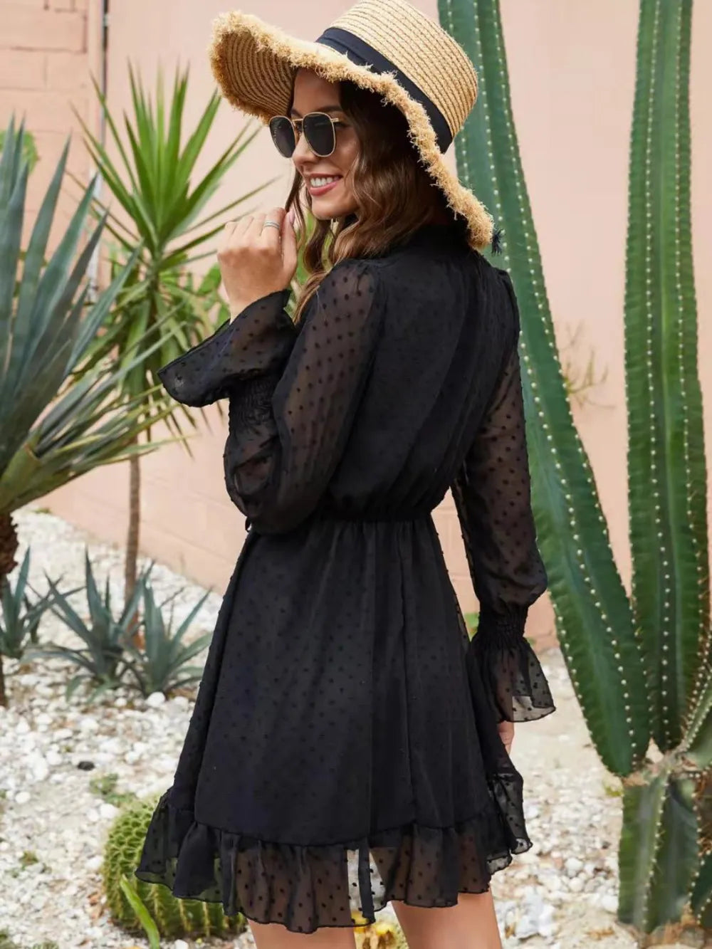 Neck Flounce Sleeve Mini Dress