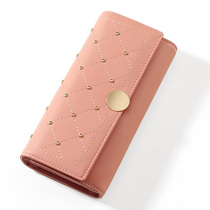 NEW Designer Rivet Button Trifold Long Wallet Women Big Capacity Female Wallets Thread Female Ladies Purse Phone Pocket Clutches