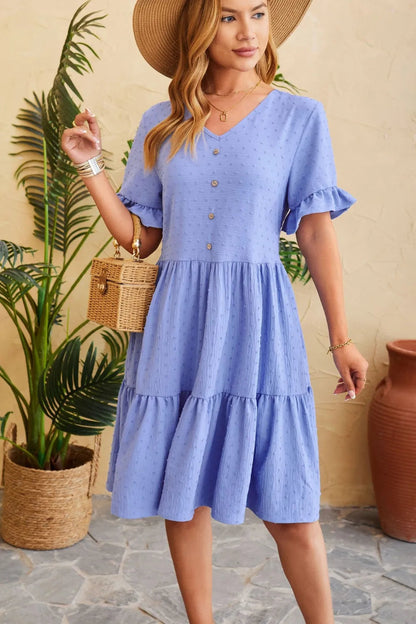 New V-neck jacquard waist cinched five quarter sleeve pleated dress