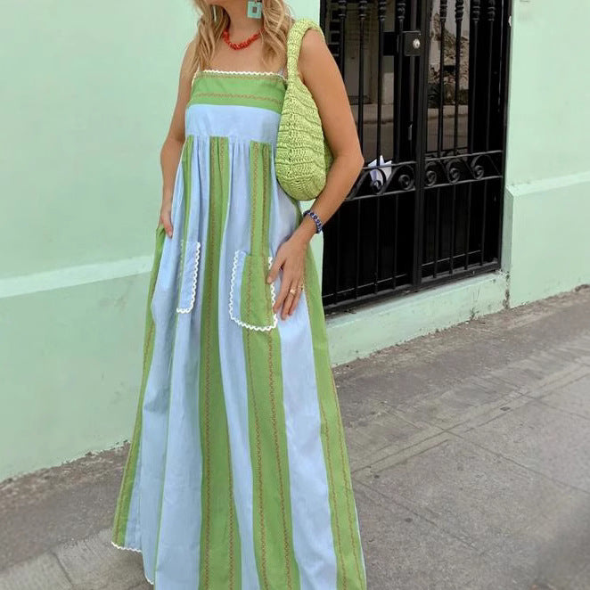 Off shoulder camisole striped printed fairy style long dress with a large swing for women