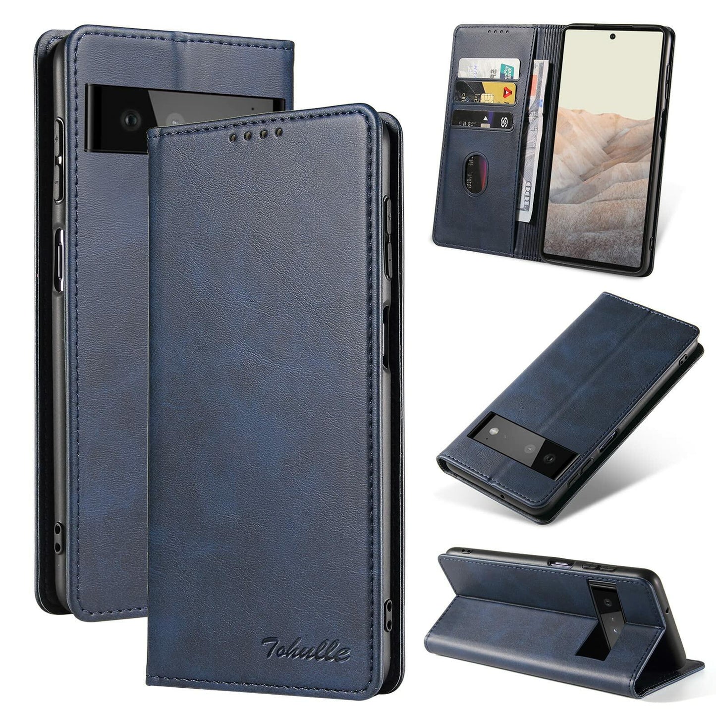 TOHULLE for Google Pixel 6 Case, Vintage Wallet Case Card Holder - Blue