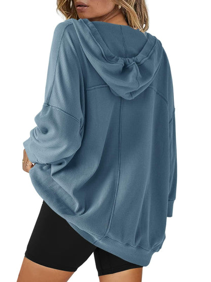 SENSERISE Women’s Oversized V Neck Hoodie Blue Waffle Knit Top Pockets Size M