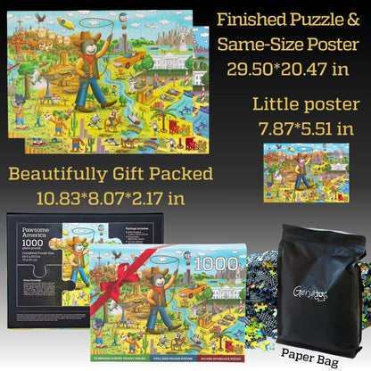 GERJATO Cats & Dogs USA Map Puzzle 1000pc with Poster & Saver Sheets