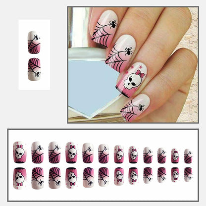 RIICFDD Halloween Spider Web Kawaii Skull Pink Gradient Short Square Nails 24