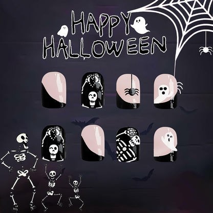 24Pcs French Tip Press On Nails Short Square Ghost Spider Halloween Design