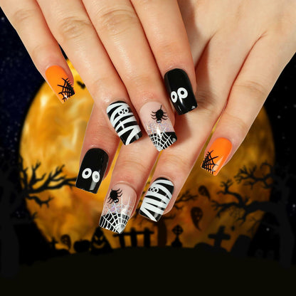 24Pcs Square Medium Press On Nails Halloween Spider Web Design False Nails
