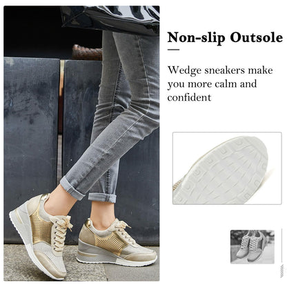 Gold High Heel Wedge Sneakers SM1-GOLD-6.5A Women Lace Up New