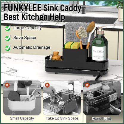 FUNKYLEE Kitchen Sink Sponge Holder Caddy with Brush Holder & Soap Dispenser