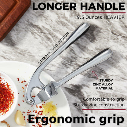 Kitessensu Garlic Press Set with Silicone Peeler & Brush, Gloss Silver