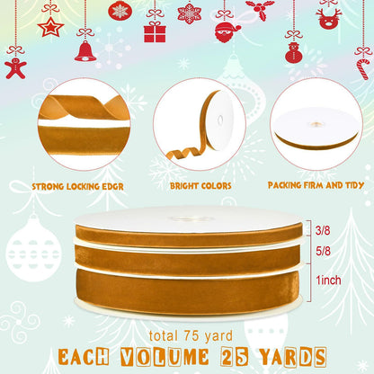 Yilloog 3 Rolls Christmas Velvet Ribbon 75 Yards 3/8 5/8 1 Inch Khaki Satin