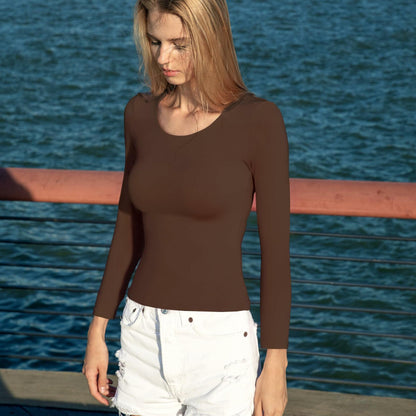 BRISIRA Women's Brown Long Sleeve Scoop Neck Crop Top Slim Fit Size S