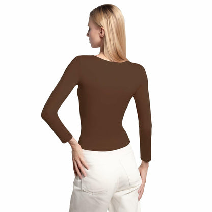 BRISIRA Women's Brown Long Sleeve Scoop Neck Crop Top Slim Fit Size S