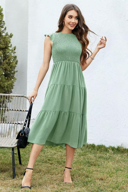 ZOOMOON Women's 2024 Army Green Maxi Dress Smocked Waist Casual Short Sleeve - L