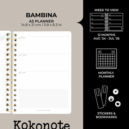 Kokonote Misty Gray A5 Academic Planner 2024-2025 Weekly 12 Months