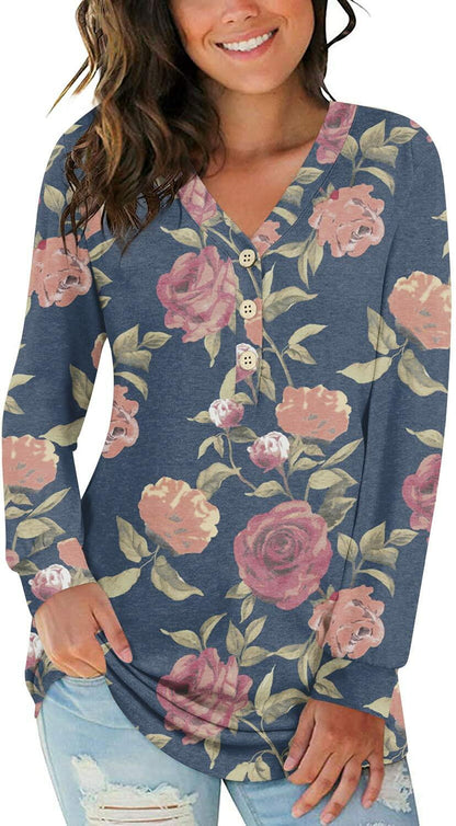 BISHUIGE Womens XL Long Sleeve Henley Tunic Top Blue Red White Roses Size XL