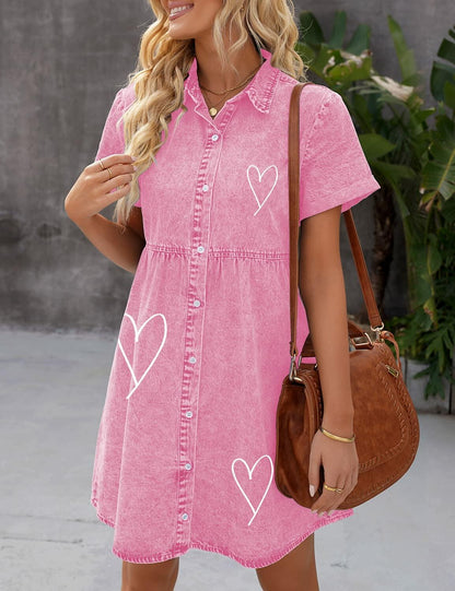 LookbookStore Pink Heart Love Print Babydoll Jean Dress Pink XS Size