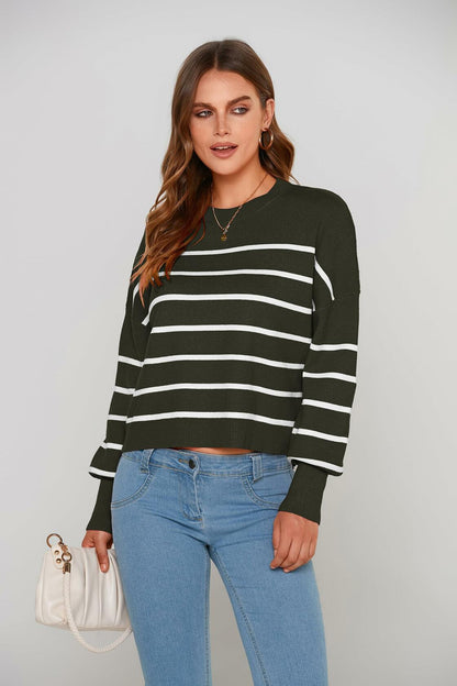 PRETTYGARDEN Women's White Fall Cropped Striped Sweater Oversized Size L