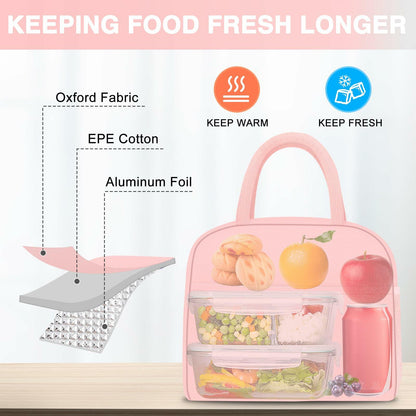 KUBYA Insulated Lunch Bag Pink Reusable Tote for Women Men Office Travel Picnic